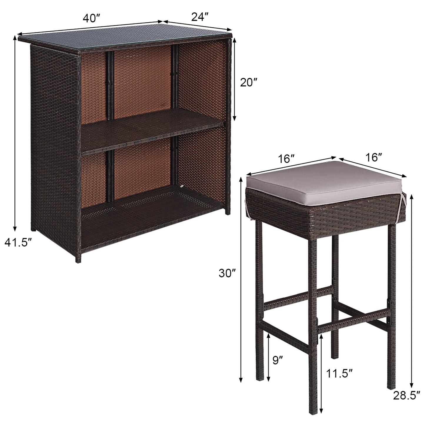 Costway Patio 3PCS Rattan Bar Table Stool Set Cushioned Chairs with Gray & Off white Cover