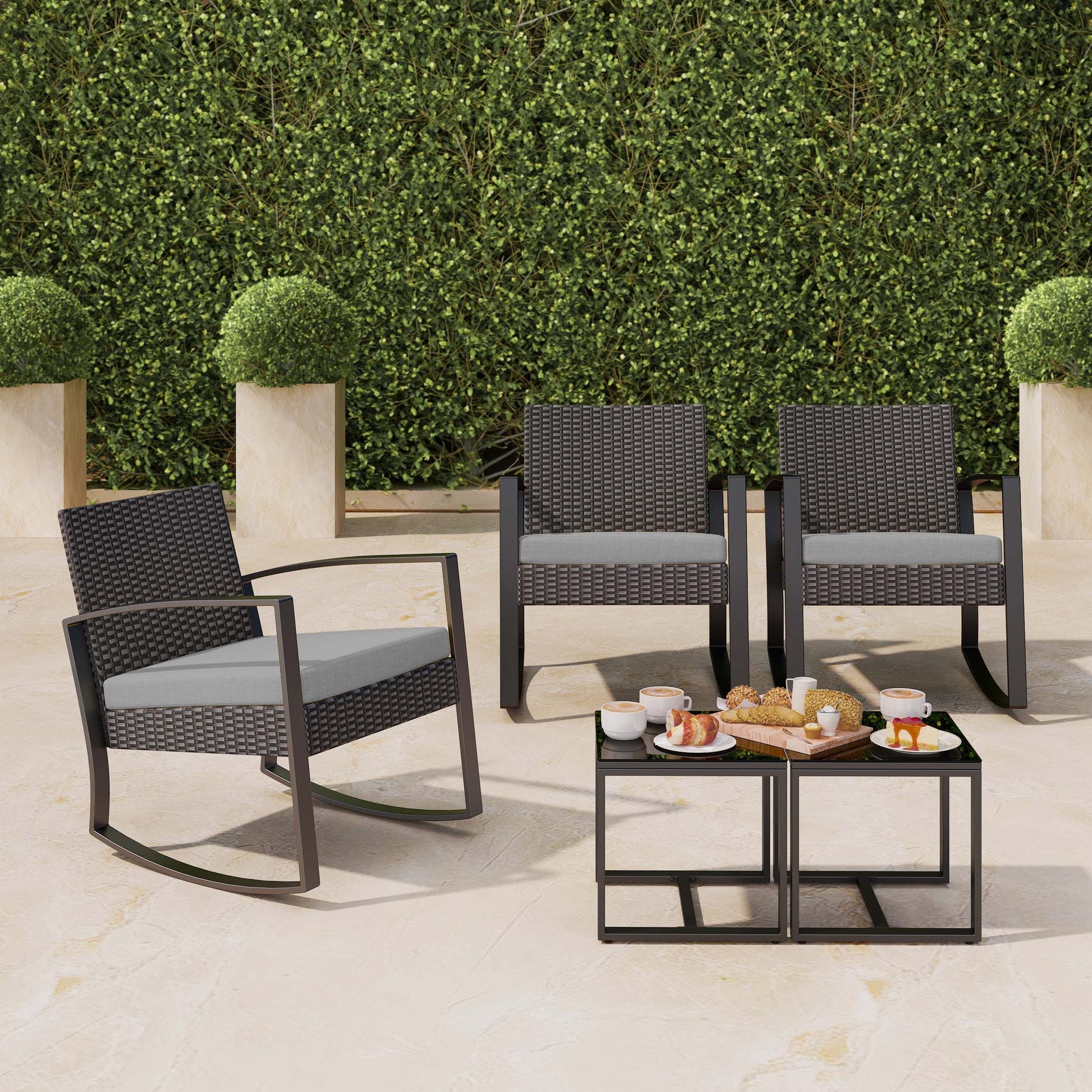 3 Pieces Wicker Patio Set Outdoor Chair Set with Glass Table Rattan Chair Modern Bistro Set for Porches and Patios, Grey Cushion