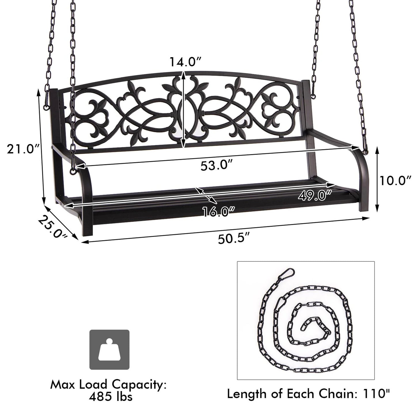 Gymax Patio Hanging Porch Swing 2-Person Outdoor Metal Swing Bench Chair w/Chains Brown