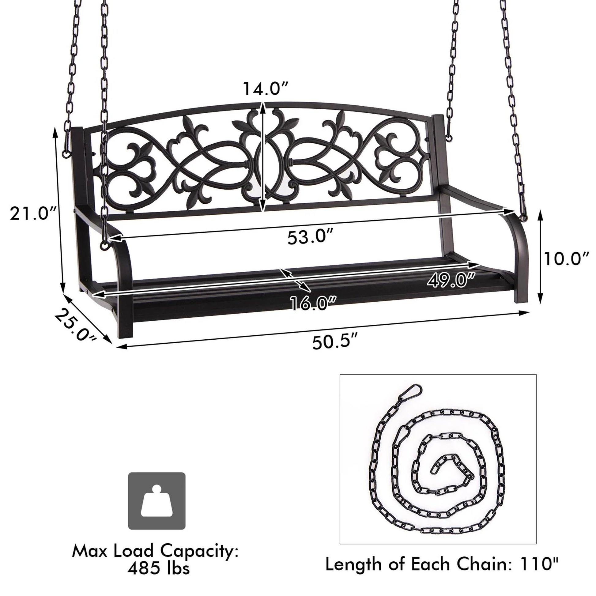 Gymax Patio Hanging Porch Swing 2-Person Outdoor Metal Swing Bench Chair w/Chains Brown