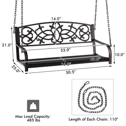 Gymax Patio Hanging Porch Swing 2-Person Outdoor Metal Swing Bench Chair w/Chains Brown
