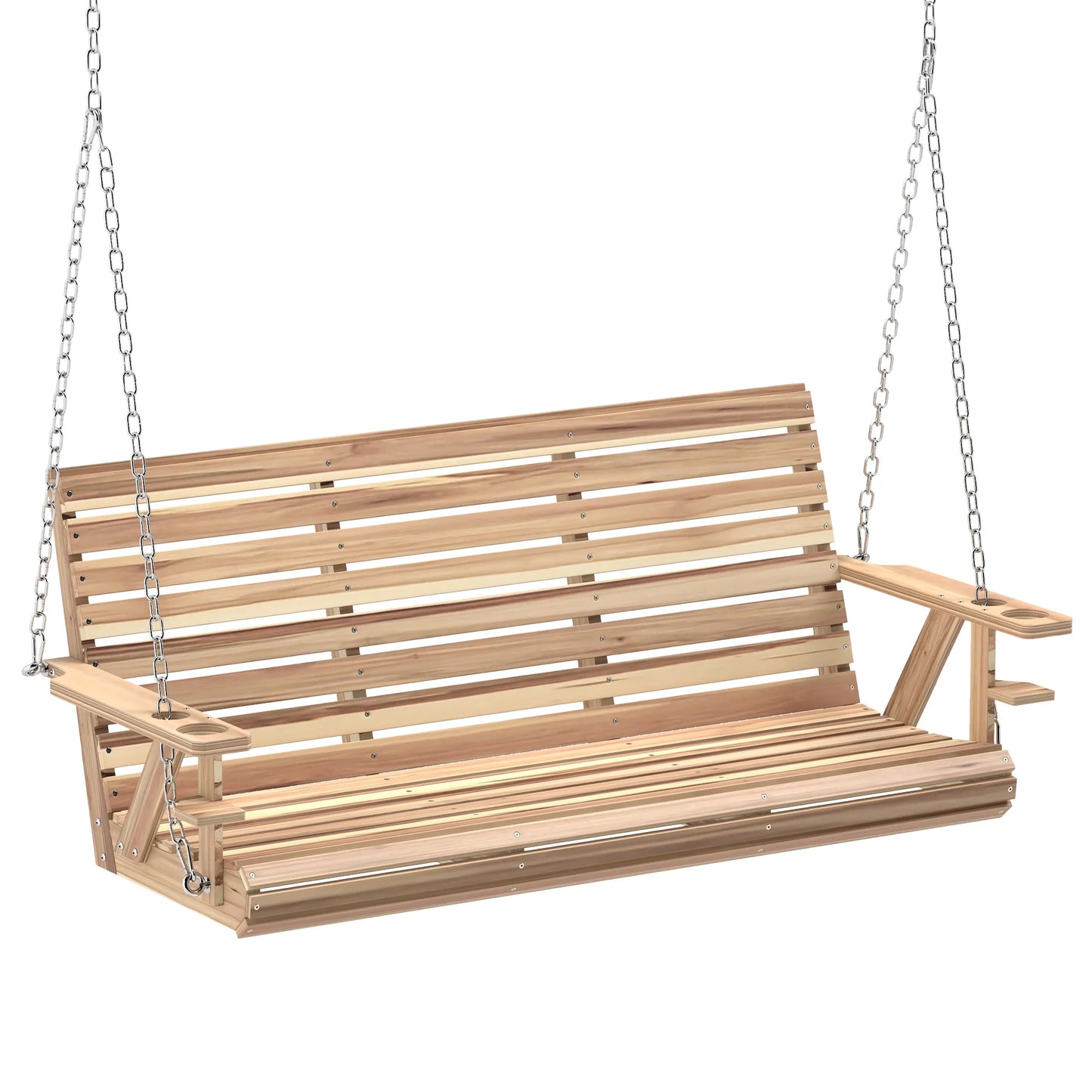 Outsunny Wooden Porch Swing 3-Seater, 5 FT Outdoor Patio Swing Bench with Cupholders, Nature Wood