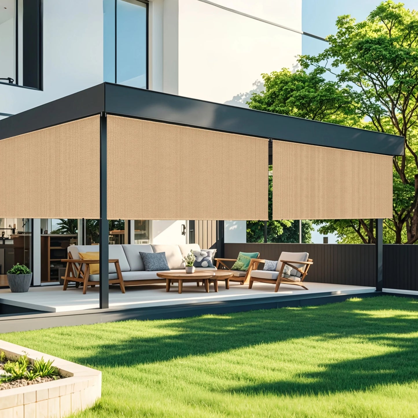 Outdoor Roller Shades - Waterproof Cordless Sun Shade for Patio, Porch & Pergola - 6'x6' & 8'x6' in Mocha/Khaki