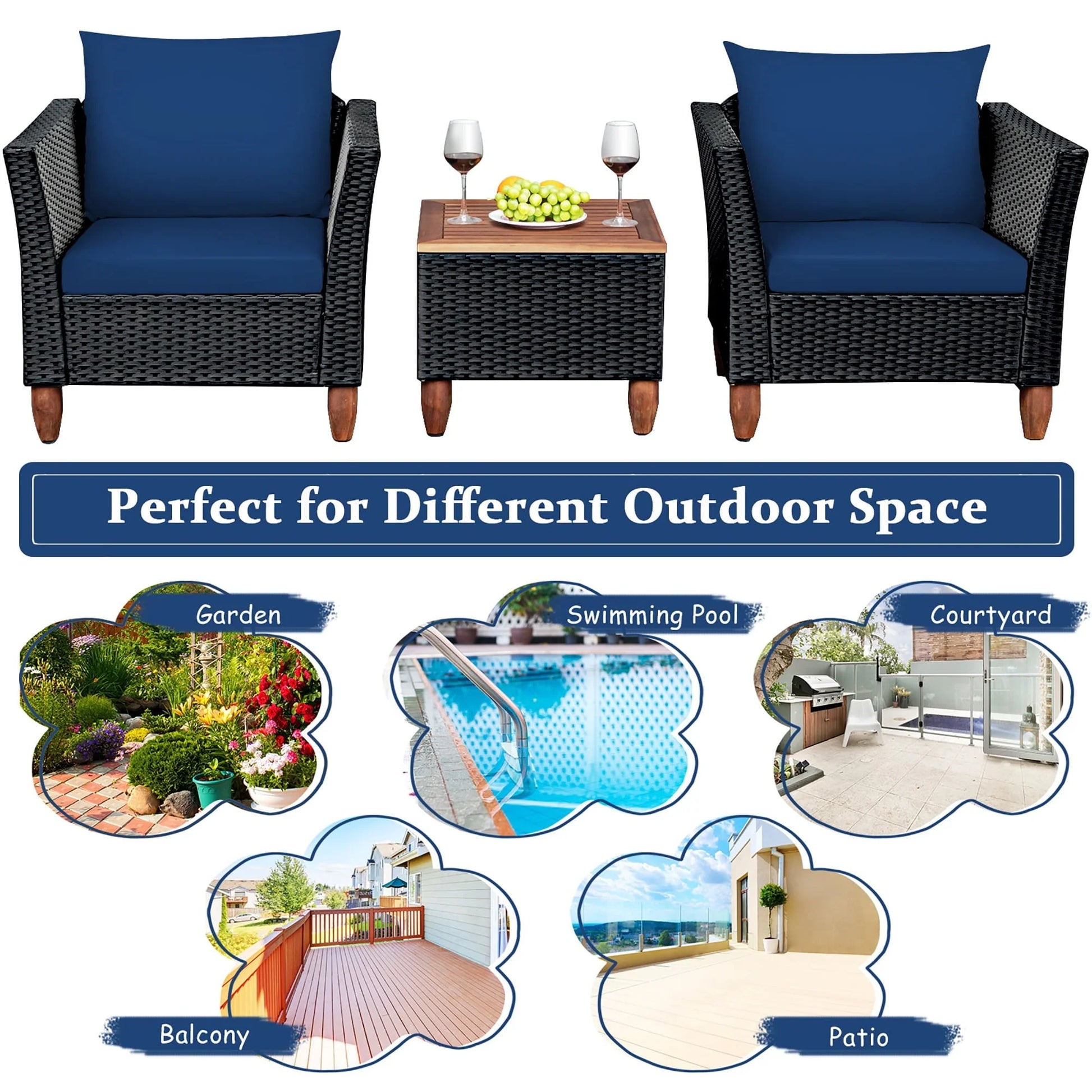 Costway 3PCS Outdoor Patio Rattan Furniture Set Wooden Table Top Cushioned Sofa Navy