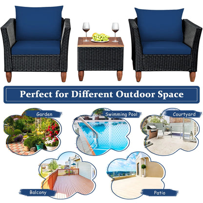 Costway 3PCS Outdoor Patio Rattan Furniture Set Wooden Table Top Cushioned Sofa Navy