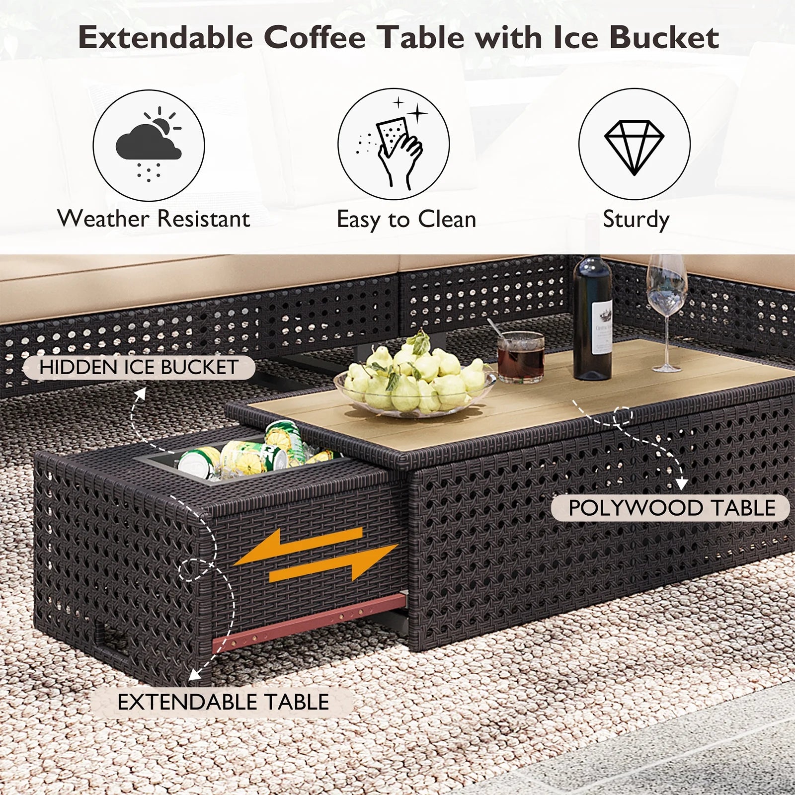6-Piece Outdoor Sectional Furniture Set for Patio, Expandable Coffee Table w/Ice Bucket & Collapsible Seat, Deep Cushions - Khaki