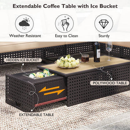 6-Piece Outdoor Sectional Furniture Set for Patio, Expandable Coffee Table w/Ice Bucket & Collapsible Seat, Deep Cushions - Khaki