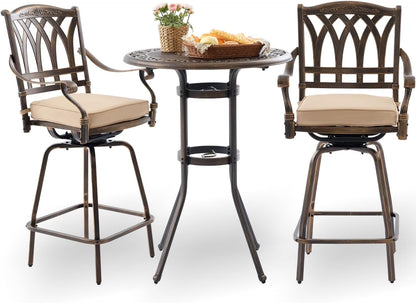 Bar Height Outdoor Table and Chairs, 3 PCS Cast Aluminum Patio Swivel Bar Set Include 31.5" Outdoor High Top Table and Barstool Set of 2 with Cushions