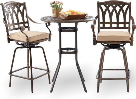Bar Height Outdoor Table and Chairs, 3 PCS Cast Aluminum Patio Swivel Bar Set Include 31.5" Outdoor High Top Table and Barstool Set of 2 with Cushions
