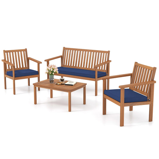 Costway 4 PCS Patio Wood Furniture Set with Loveseat, 2 Chairs & Coffee Table for Porch Navy