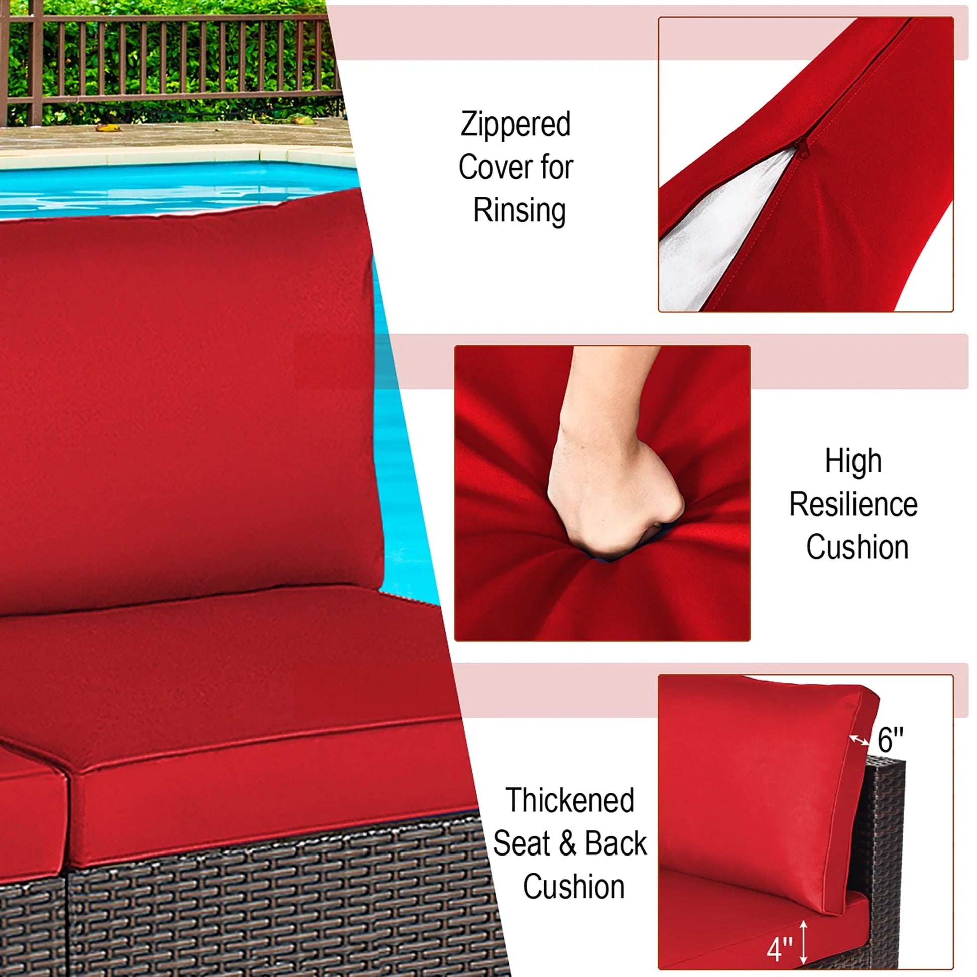 Costway 2PCS Patio Rattan Armless Sofa Sectional Conversation Furniture Set W/Cushion Red