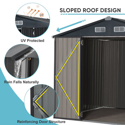 Outdoor Storage Shed, 8'x6' Galvanized Metal Steel Weather Resistant Garden Shed for Bike, Garbage Can, Lawnmower, Tool Storage Shed W/Lock, for Backyard Patio Lawn, Black