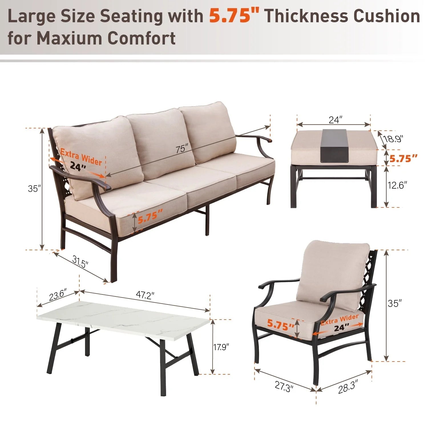 MF Studio 7-Seat Patio Conversation Set Metal Outdoor Furniture Sofa Set for 7 Person Beige