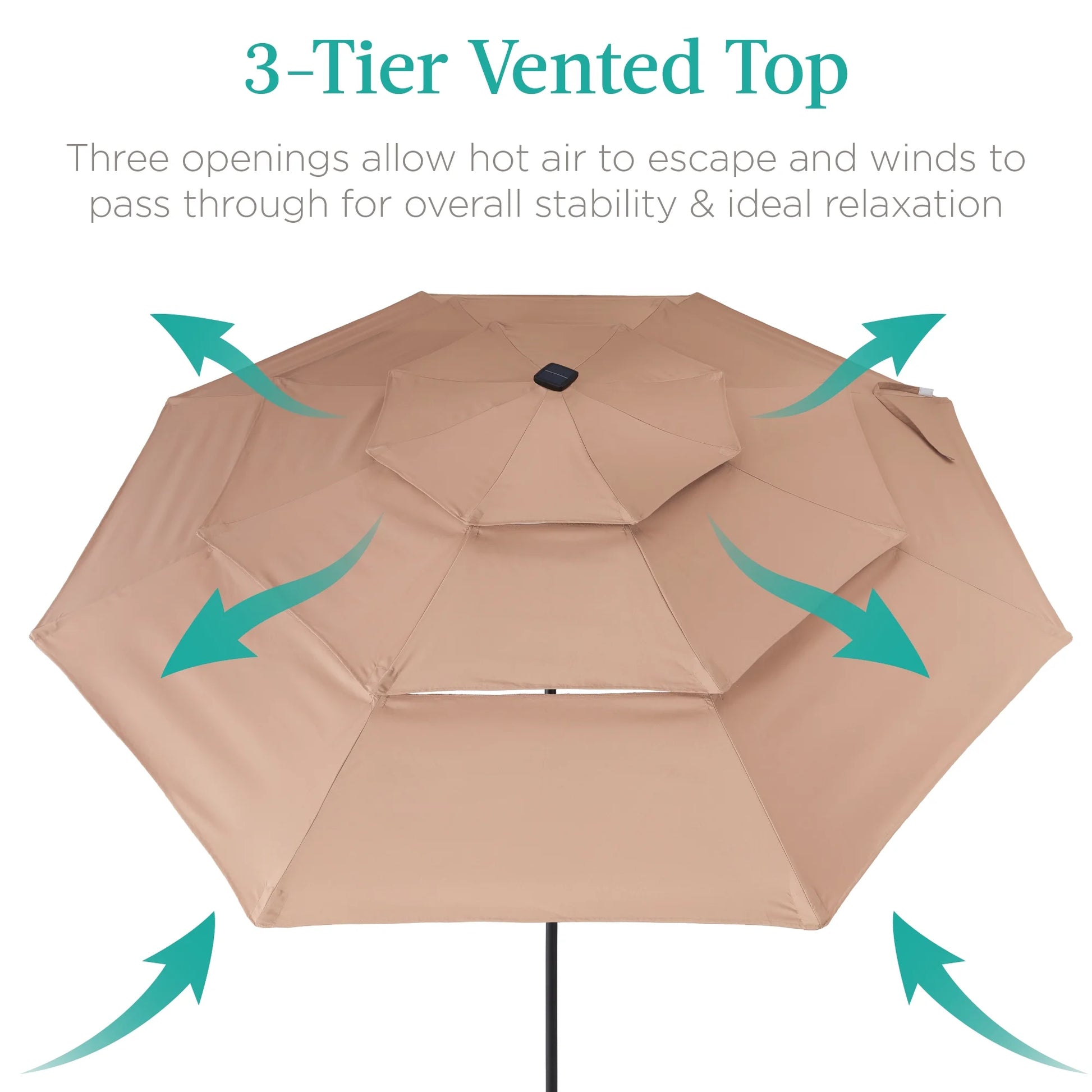 Best Choice Products 10ft 3-Tier Solar Patio Umbrella w/24 LED Lights, Tilt Adjustment, Easy Crank - Tan