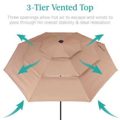 Best Choice Products 10ft 3-Tier Solar Patio Umbrella w/24 LED Lights, Tilt Adjustment, Easy Crank - Tan