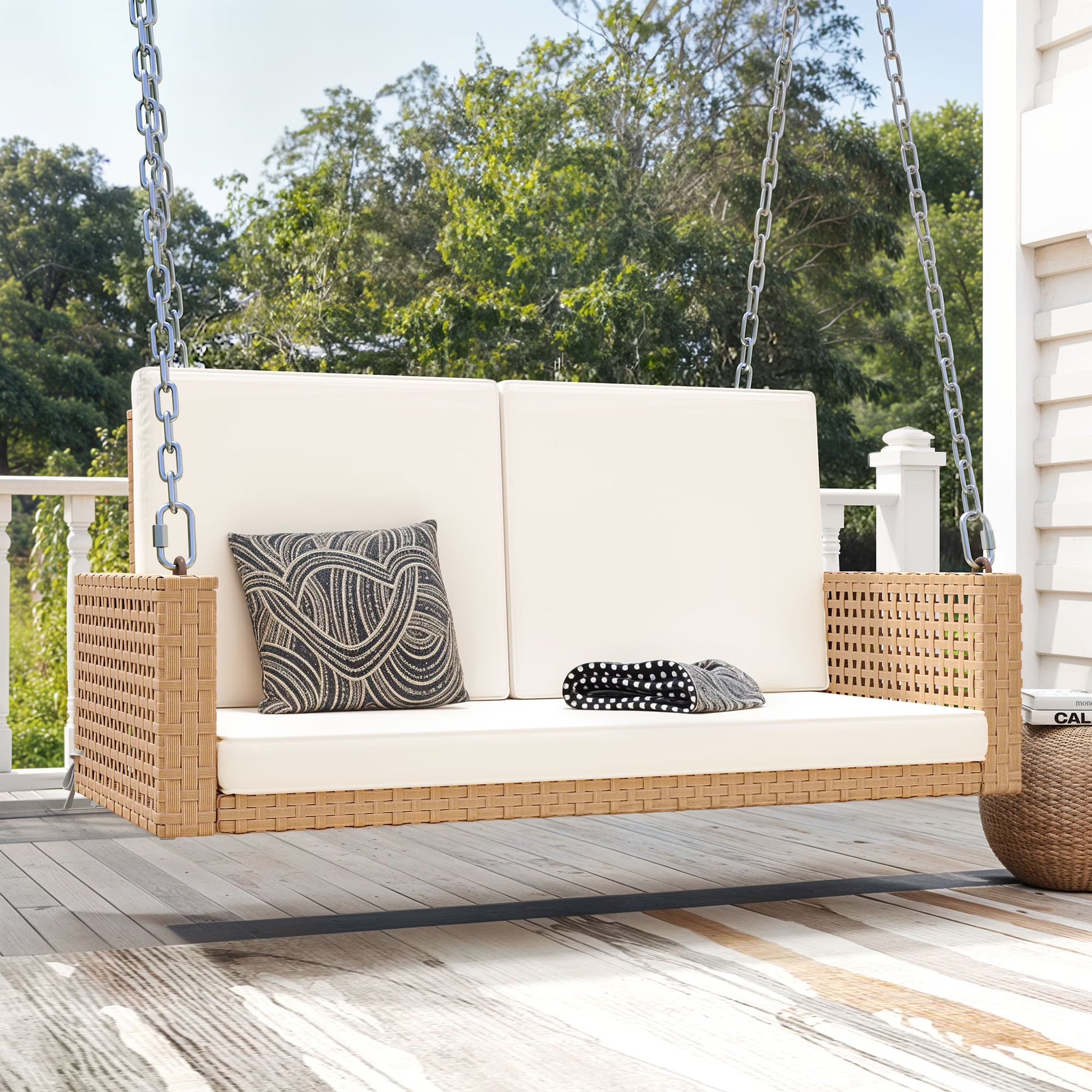 Uforic 2-Person Patio Rattan Hanging Porch Swing Bench Chair Cushion - Beige
