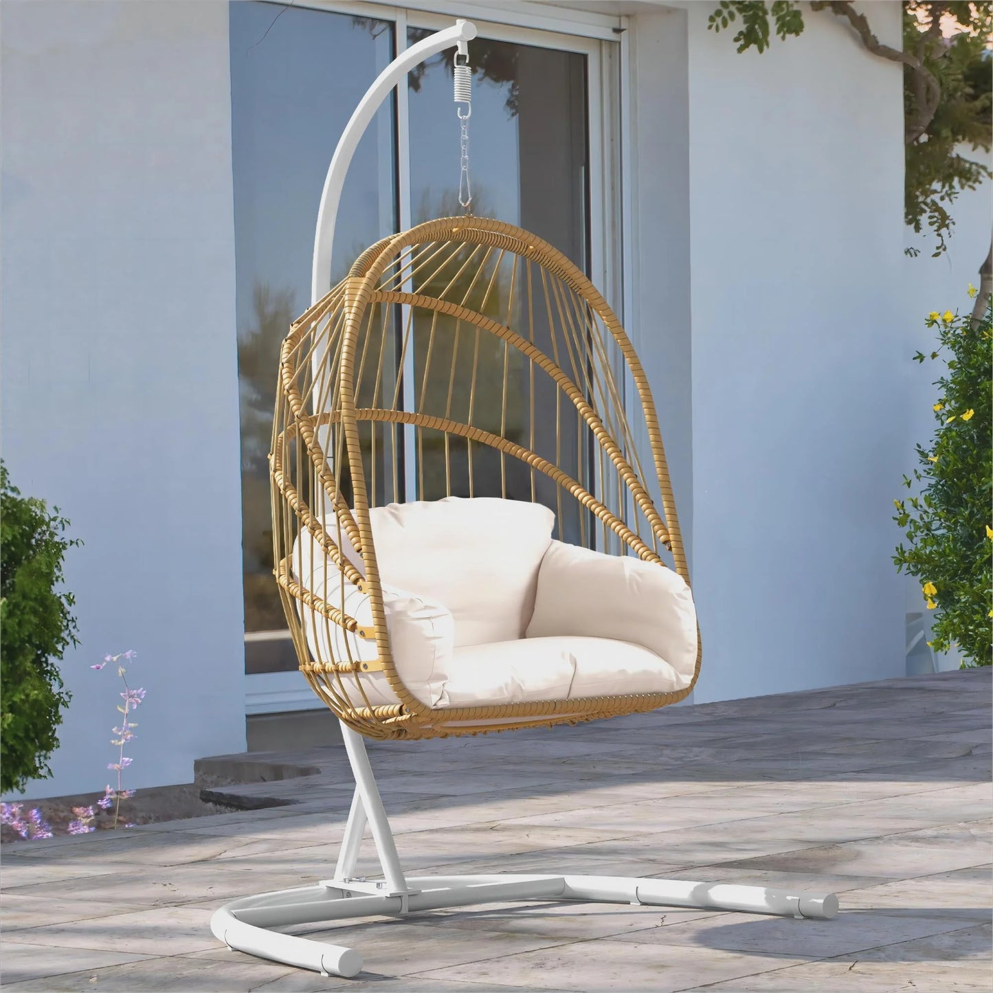 DWVO Wicker Egg Chair, Oversized Indoor Outdoor Lounger for Patio, Backyard, Living Room, Beige