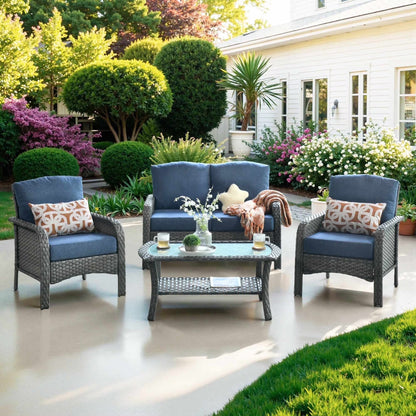 Ovios 4 Pieces Wicker Outdoor Patio Furniture with Coffee Table High Back All Weather Rattan Outdoor Sectional Conversation Set for Backyard Porch Garden, Denim Blue