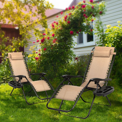 Nazhura Set of 2 Relaxing Recliners Patio Chairs Adjustable Steel Mesh Zero Gravity Lounge Chair Recliners with Pillow and Cup Holder (Khaki)