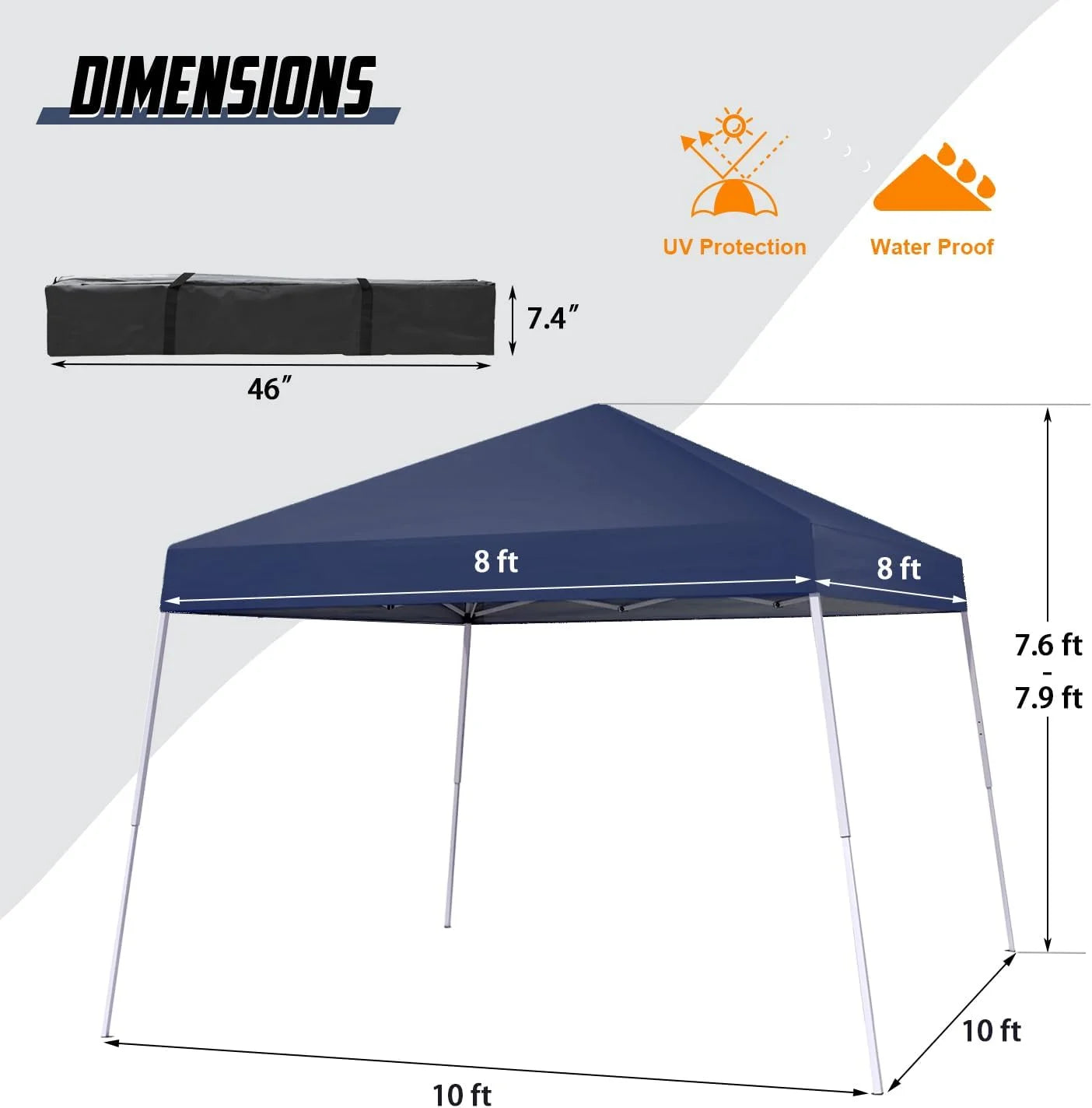 Canopy Tent, 10X10 FT Pop Up Canopy Outdoor Instant Tent Slant Legs with Carrying Bag, Portable Gazebo Shelter for Patio Deck Garden and Beach - 8X8 FT Canopy Cover (Dark Blue)
