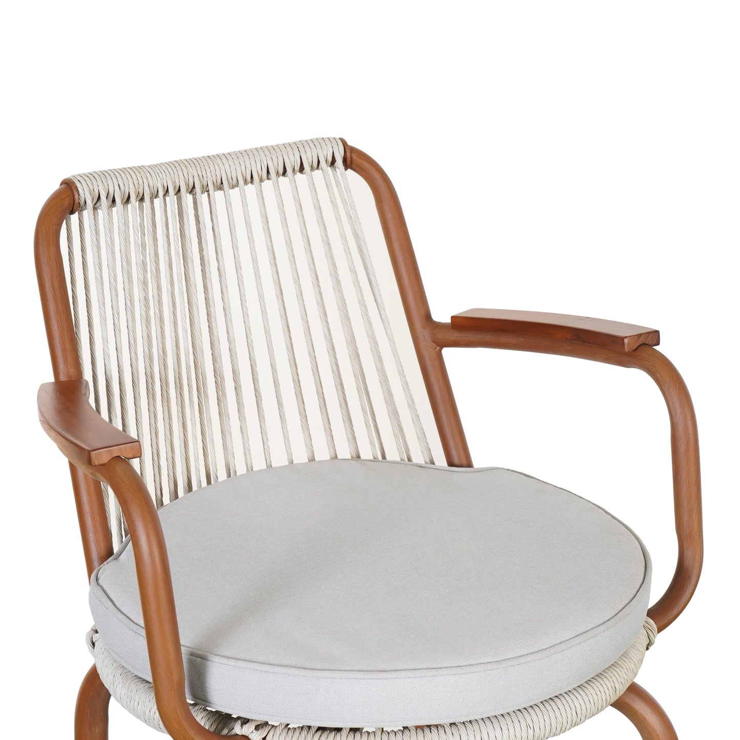 Lyric Modern 29" Outdoor Patio Bar Stools, Bar Chairs with Wood Grain Finish Frame with Hand-Woven PE Rattan Rope, Removable Cushions, Teak+Beige, Set of 2