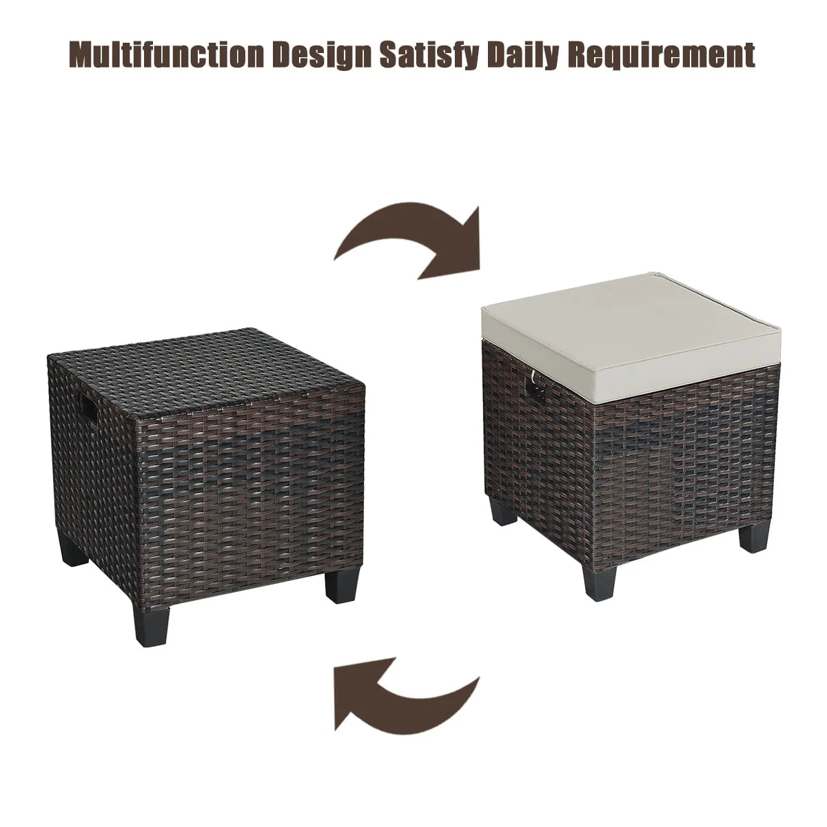 Gymax Set of 2 Patio Rattan Ottoman Footrest Garden Outdoor w/Brown Cushion