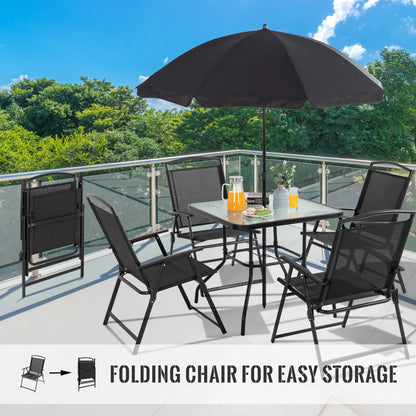 Sobaniilo 6 Piece Folding Outdoor Dining Set for 4, Metal Patio Garden Patio Furniture Table and Chair Set with Umbrella, Black