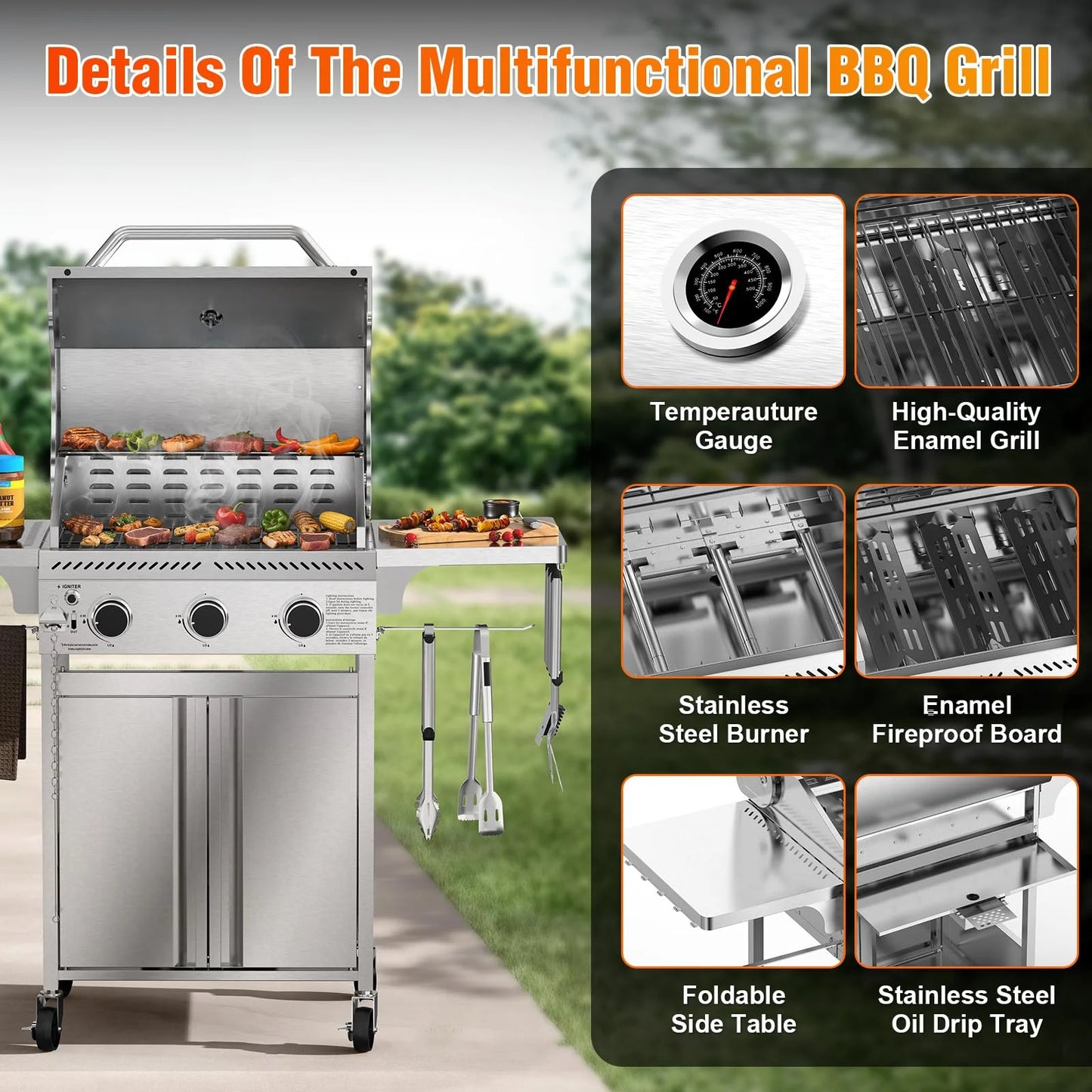 LHRIVER Stainless Steel BBQ Grill, 3 Burner Propane Gas Grill with Side Burner for Outdoor Cooking Patio Backyard