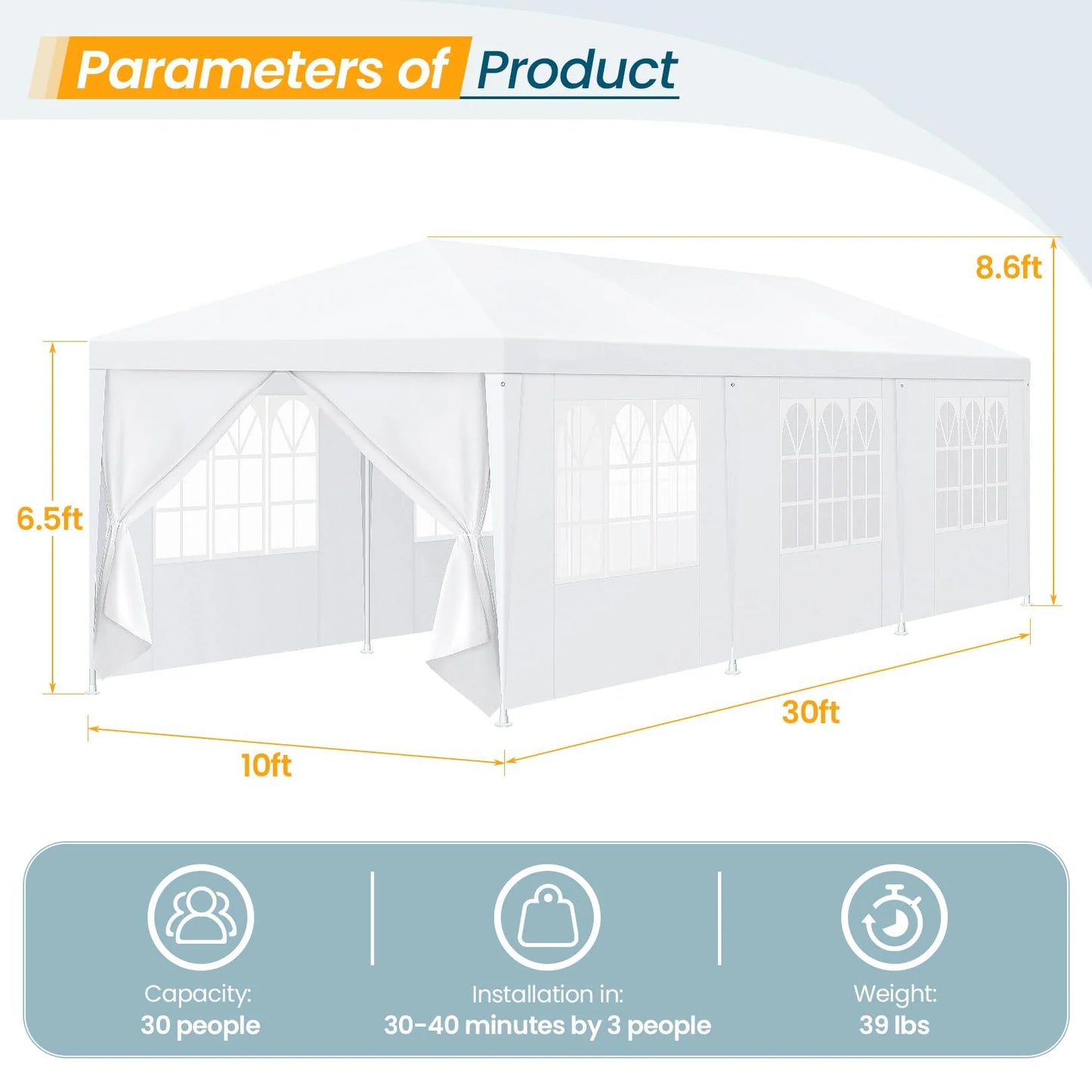 Hoteel Party Tent 10x20 Canopy Tents for Parties with 4 Removable Sidewalls, Patio Camping Gazebo, Portable Tent for Parties, Weddings, BBQ, Waterproof, White