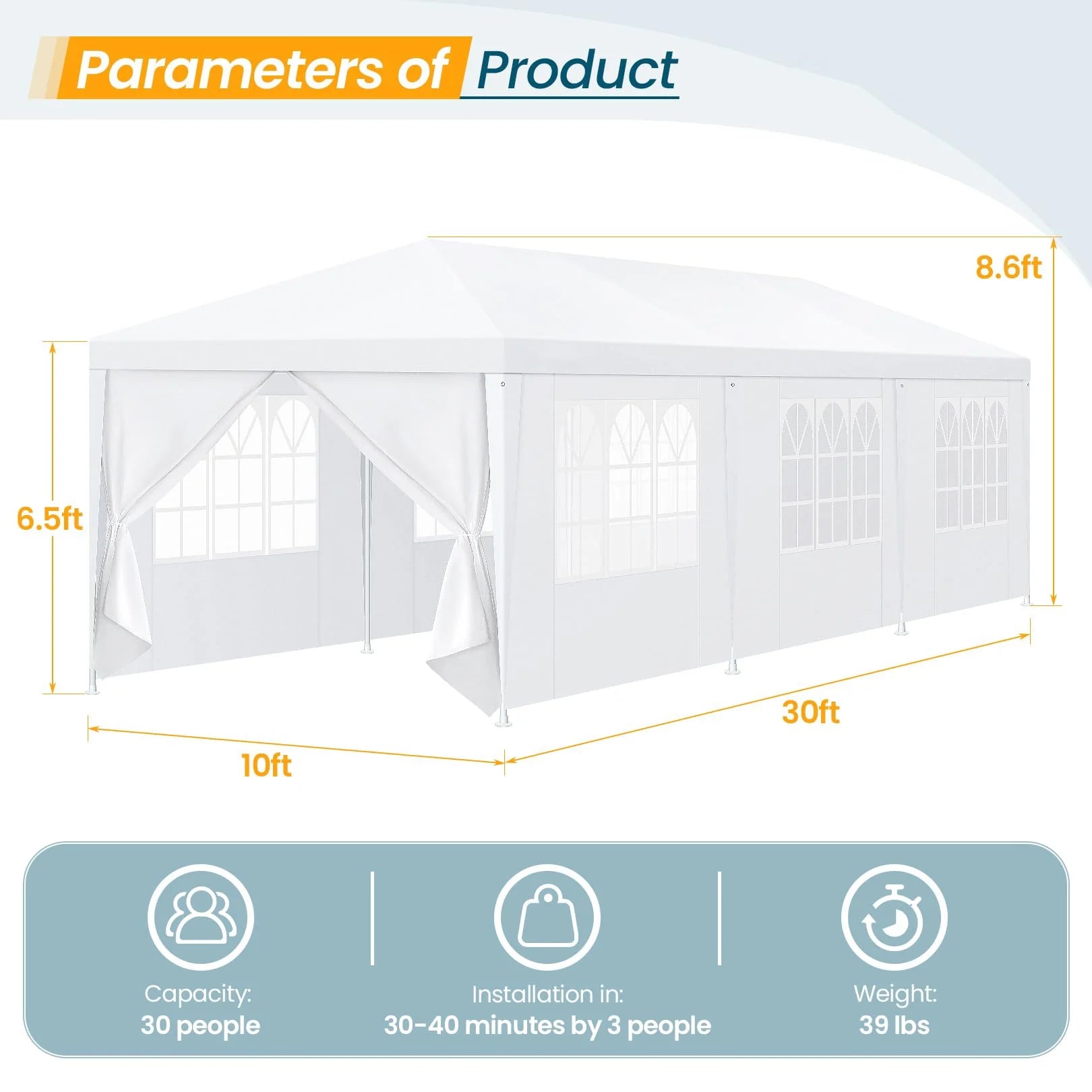 Hoteel Party Tent 10x20 Canopy Tents for Parties with 4 Removable Sidewalls, Patio Camping Gazebo, Portable Tent for Parties, Weddings, BBQ, Waterproof, White
