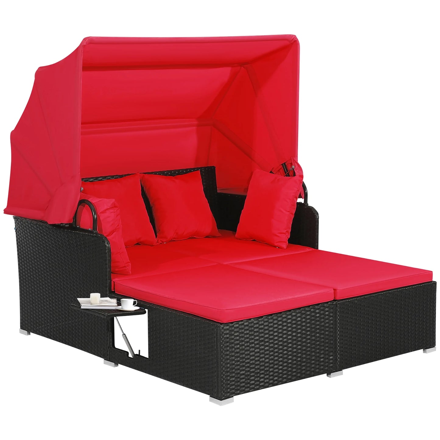 Costway Patio Rattan Daybed Lounge Retractable Top Canopy Side Tables Cushions Red