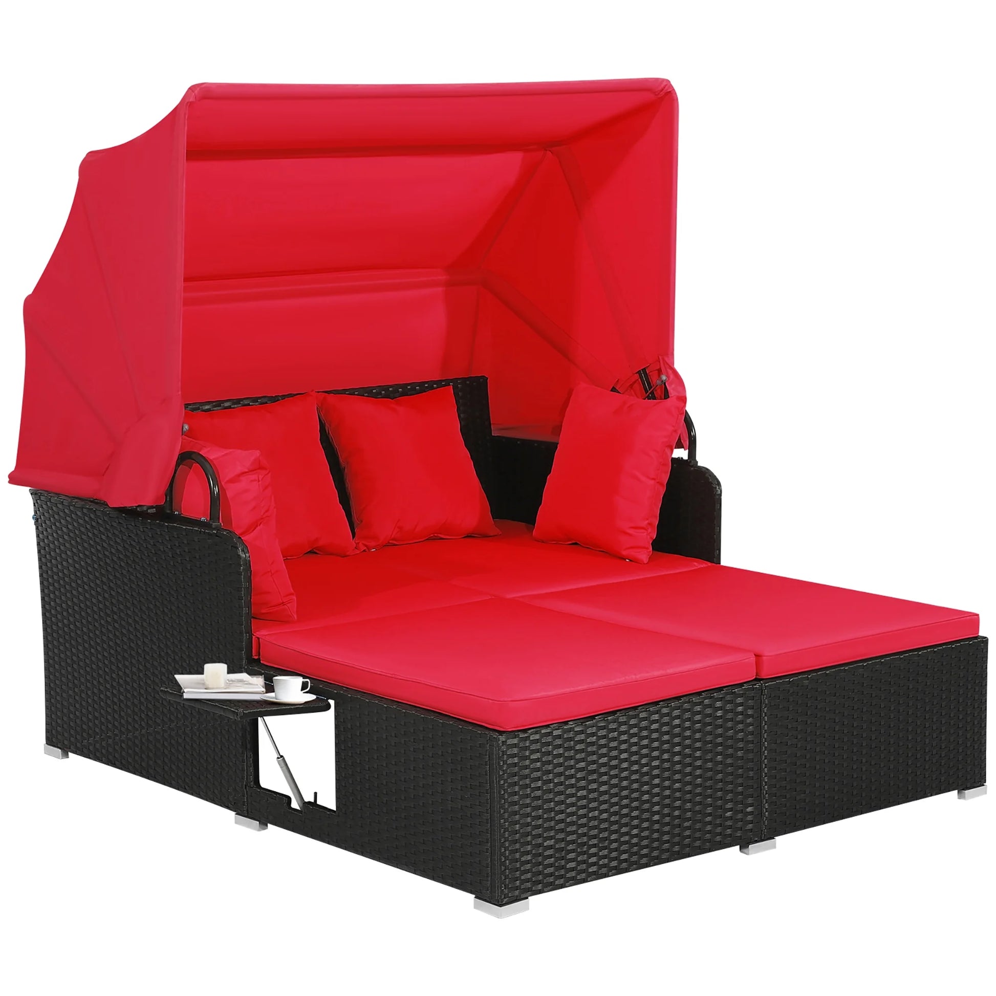 Costway Patio Rattan Daybed Lounge Retractable Top Canopy Side Tables Cushions Red