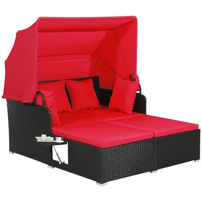 Costway Patio Rattan Daybed Lounge Retractable Top Canopy Side Tables Cushions Red