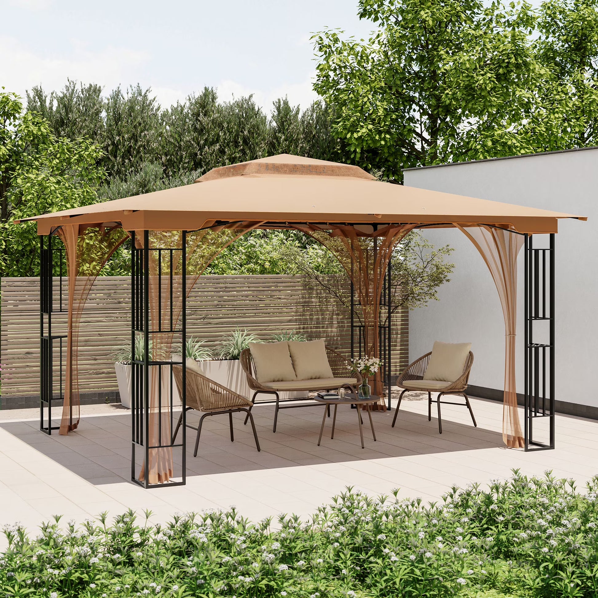 LAUSAINT HOME Patio Gazebo 13'x11',Heavy Duty Gazebos Shelter Party Tent with Double Roofs, Mosquito Nettings for Backyard, Garden, Lawn,(Khaki)