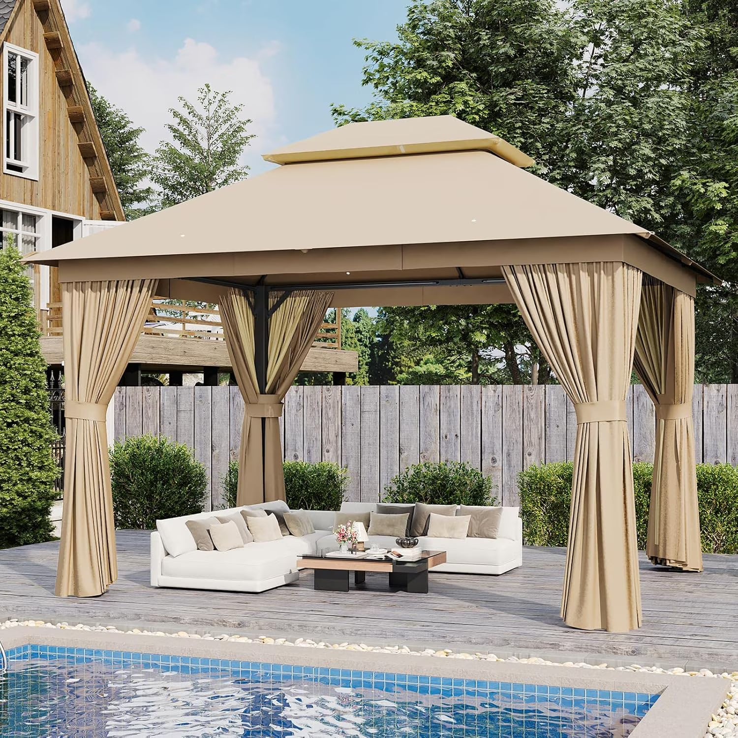 AOXUN Outdoor Gazebo for Patio 10x12, Metal Frame Canopy with Double Roofs, Heavy Duty Party Tent and Shelter with Mosquito Netting and Privacy Screen for Backyard, Lawn, Garden,Deck (Beige)