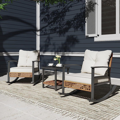 LAUSAINT HOME 3 Pieces Patio Outdoor Conversation Set with 2-Tier Coffee Table, PE Wicker and Galvanized Steel(Beige)