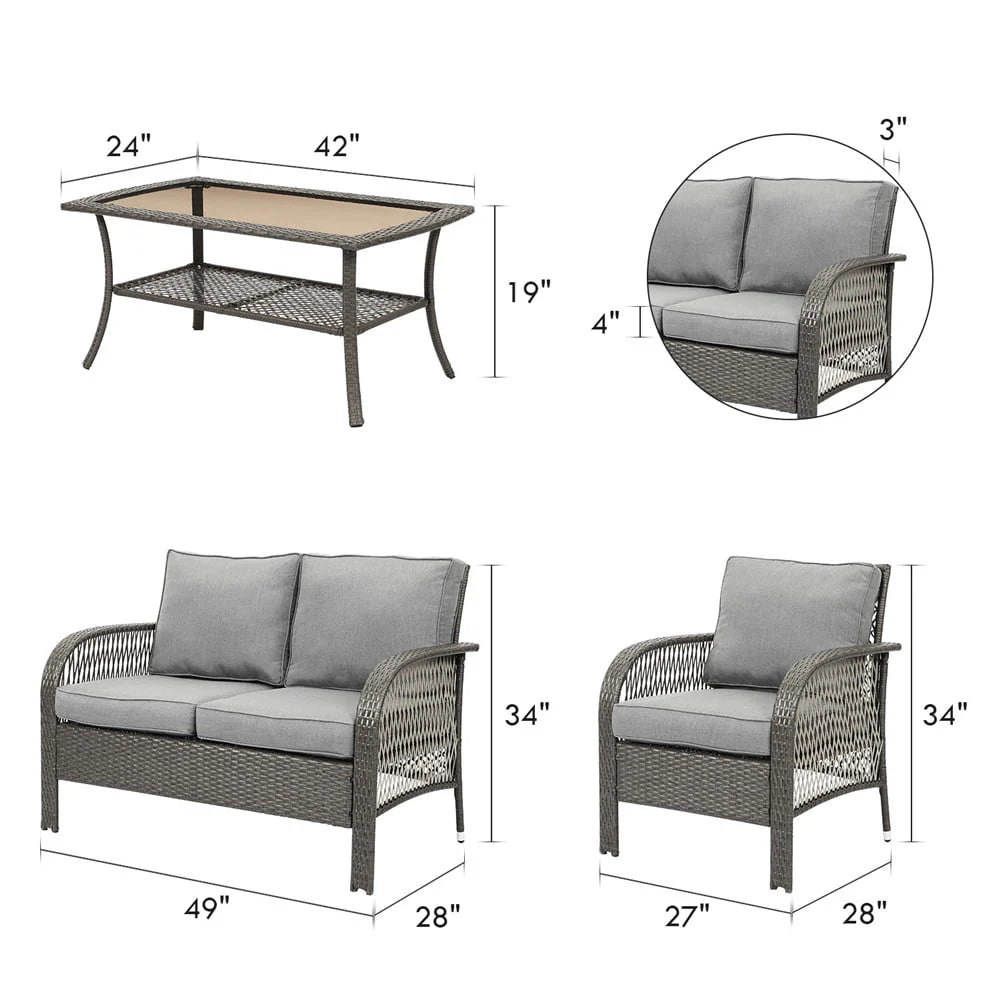 Superjoe Outdoor Furniture Sets 4 Pcs Patio Wicker Conversation Set Rattan Sofa with Coffee Table and Cushions, Gary