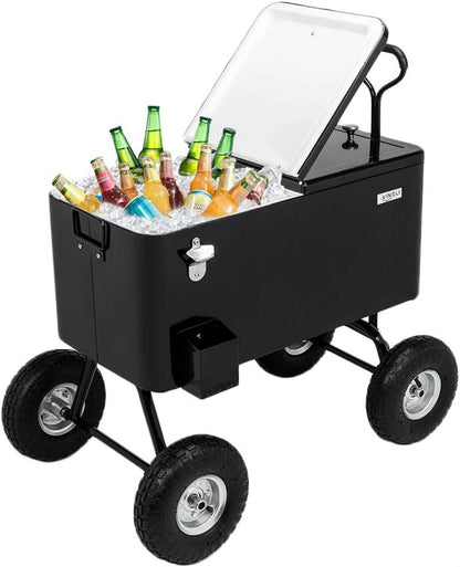 VINGLI 80qt. Wagon Rolling Cooler Ice Chest w/Long Handle and 10" Wheels, Patio Cooler, Outdoor Park Cart on Wheels