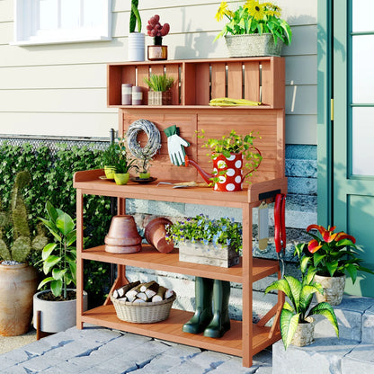 65" Large Outdoor Potting Bench Table, Wooden Farmhouse Rustic Patio Workstation with 4 Storage Shelves and Side Hook, Garden Potting Bench Station, Natural