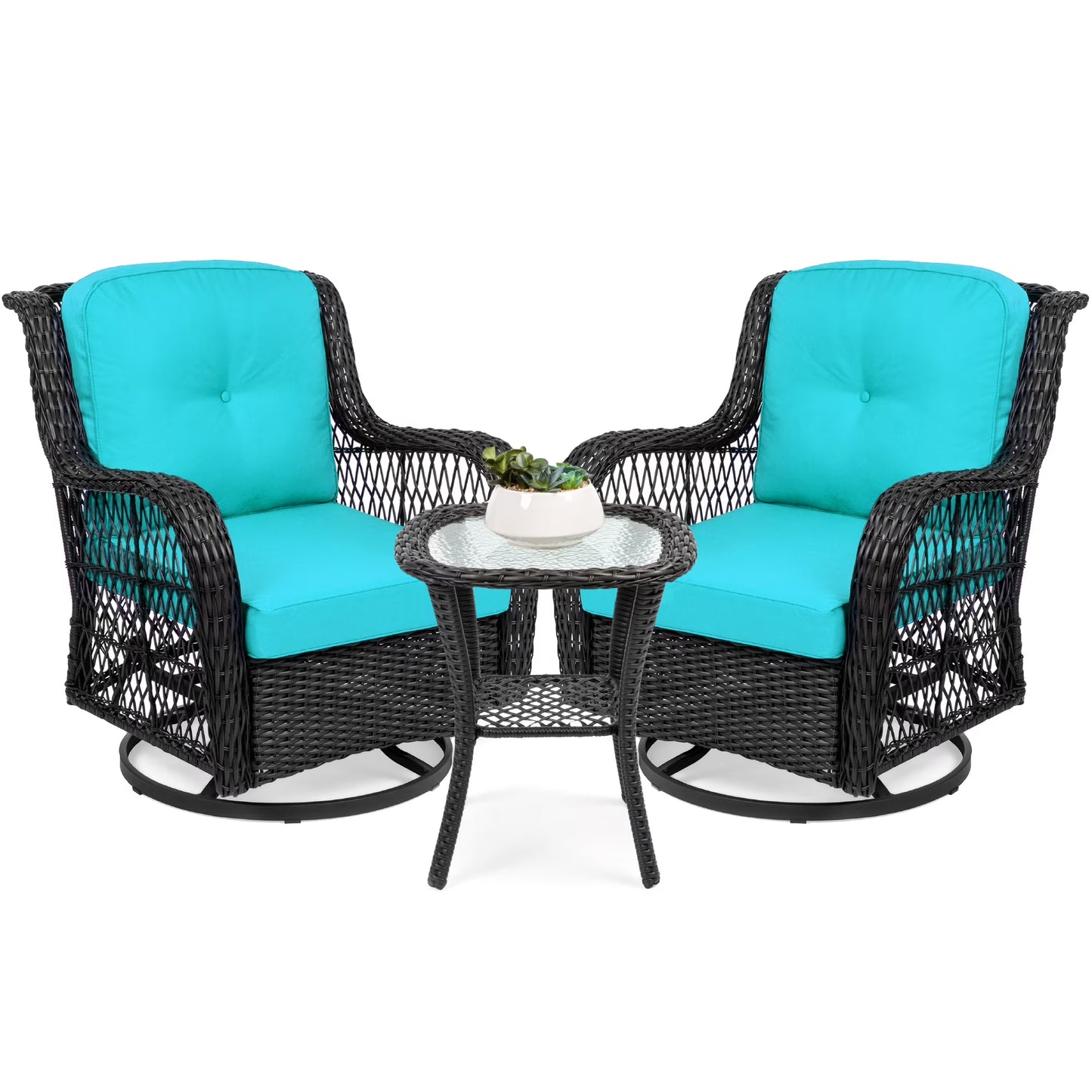 Best Choice Products 3-Piece Patio Wicker Bistro Furniture Set w/2 Cushioned Swivel Rocking Chairs, Side Table - Rust