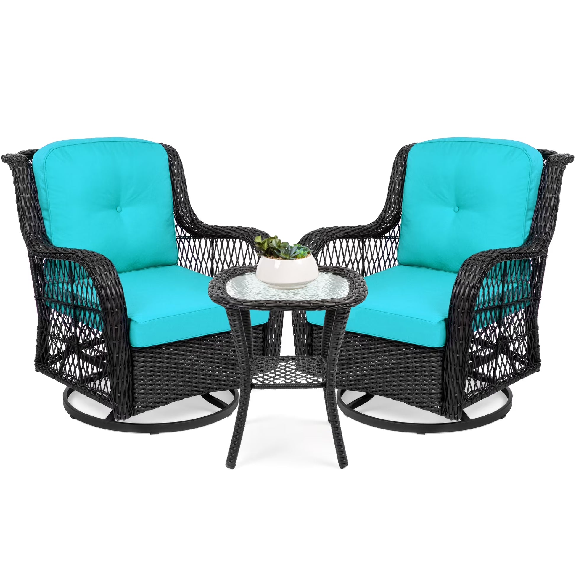 Best Choice Products 3-Piece Patio Wicker Bistro Furniture Set w/2 Cushioned Swivel Rocking Chairs, Side Table - Rust