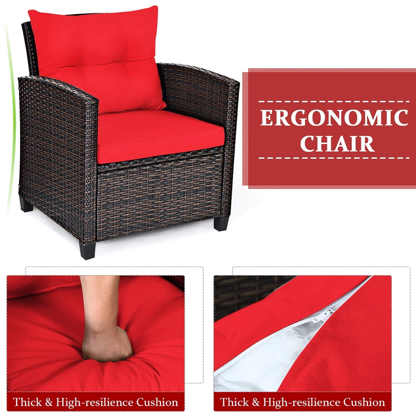 Costway 3PCS Patio Rattan Furniture Set Cushioned Conversation Set Sofa Coffee Table Red