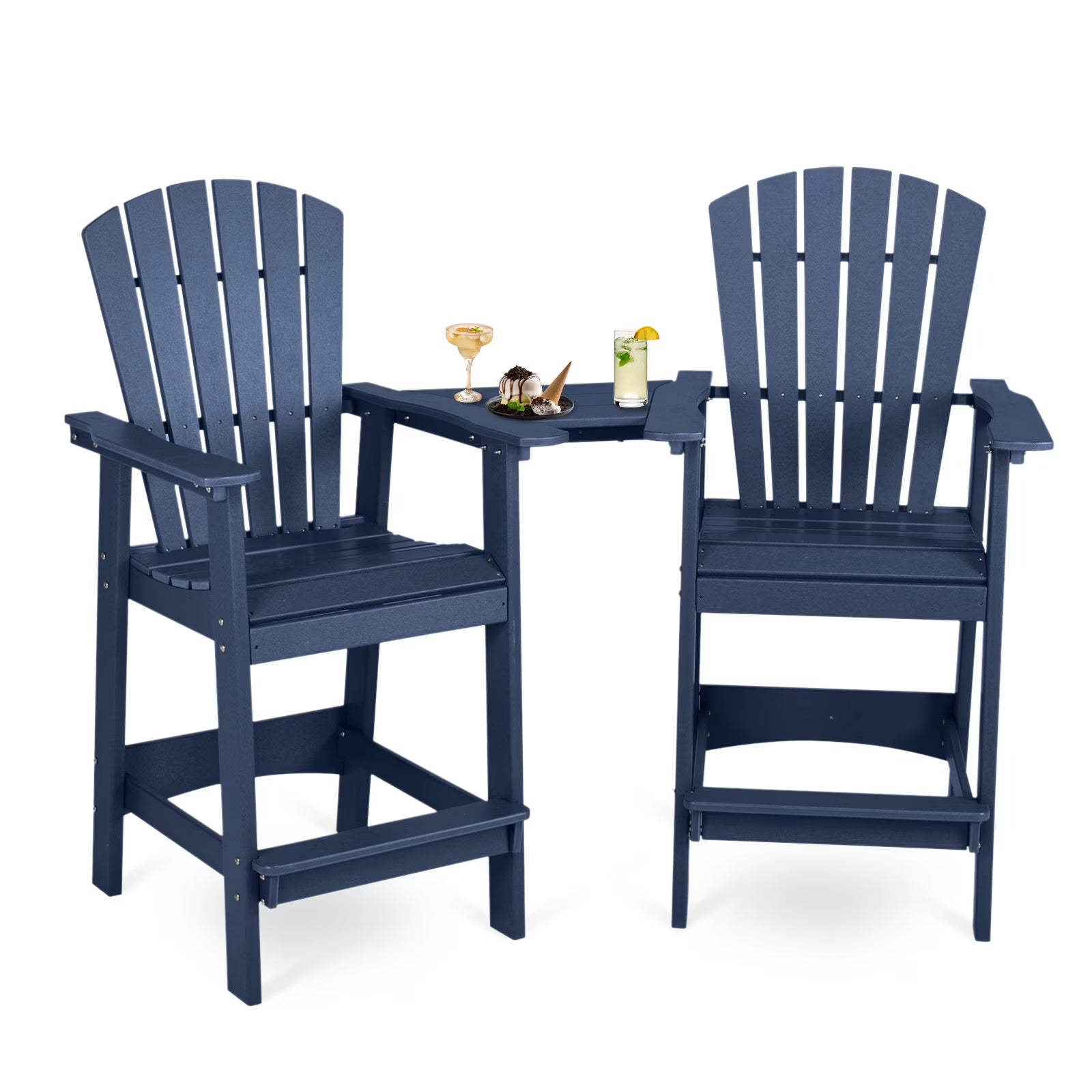 Aoodor Tall Adirondack Chairs Set of 2, HDPE Outdoor Bar Stools with Connecting Tray, Patio Furniture for Backyard, Garden, or Balcony (Gray)