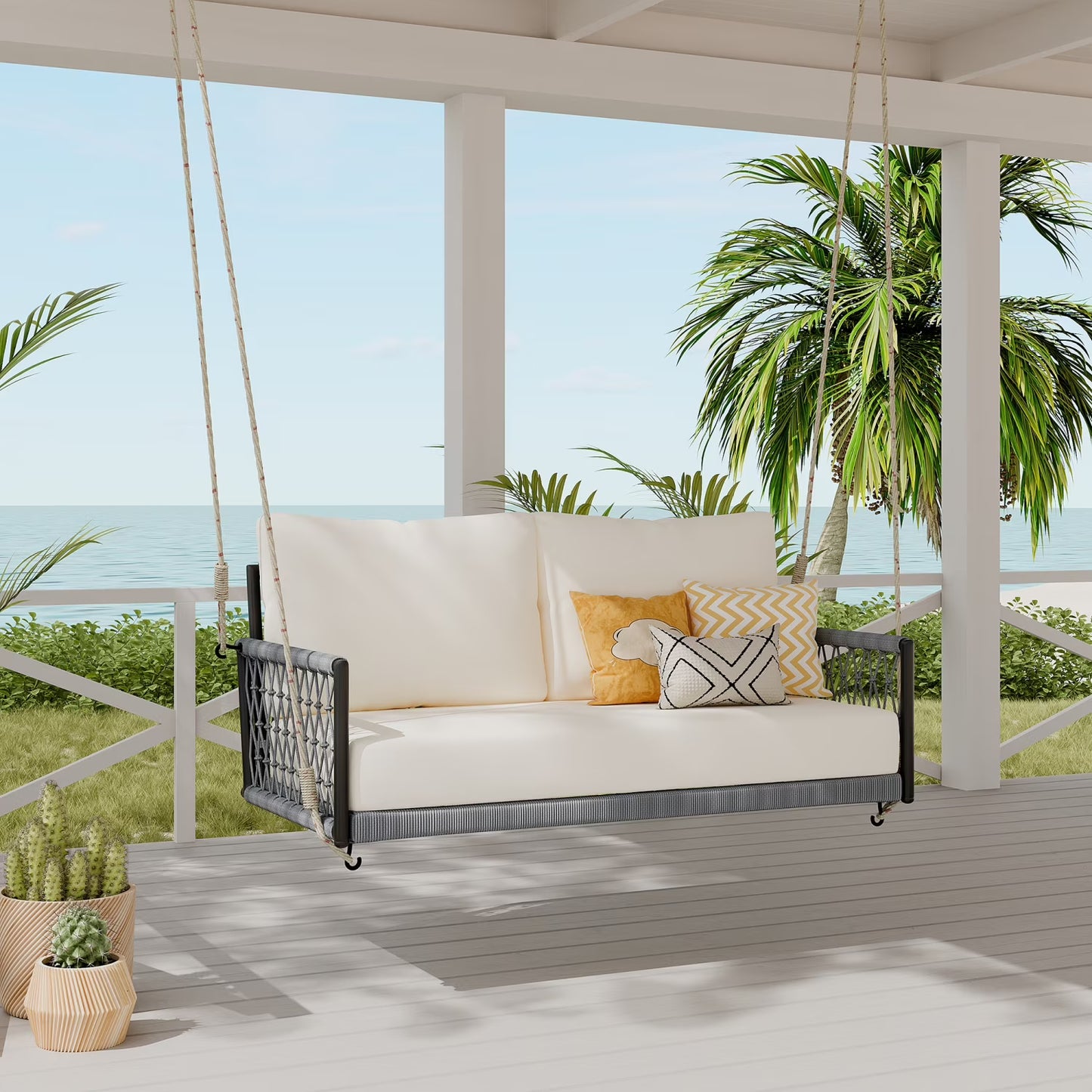 Harper & Bright Designs PE Ratten Porch Swing Chair, 2-Seater Hanging Swing Bench with Chains, All Weather Design Patio Furniture Swing for Backyard Garden Poolside, Grey and White