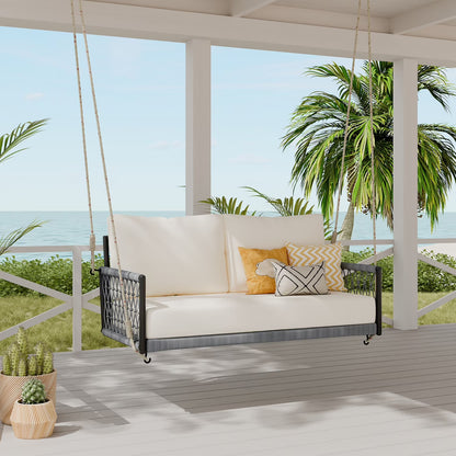 Harper & Bright Designs PE Ratten Porch Swing Chair, 2-Seater Hanging Swing Bench with Chains, All Weather Design Patio Furniture Swing for Backyard Garden Poolside, Grey and White