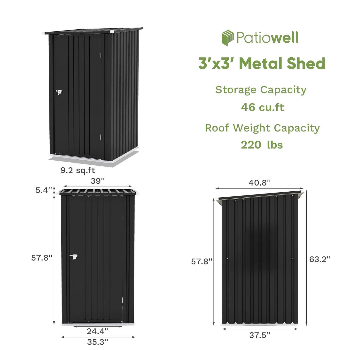 Patiowell 3?3FT Metal Outdoor Storage Shed with Sloping Roof and Single Lockable Door, Black