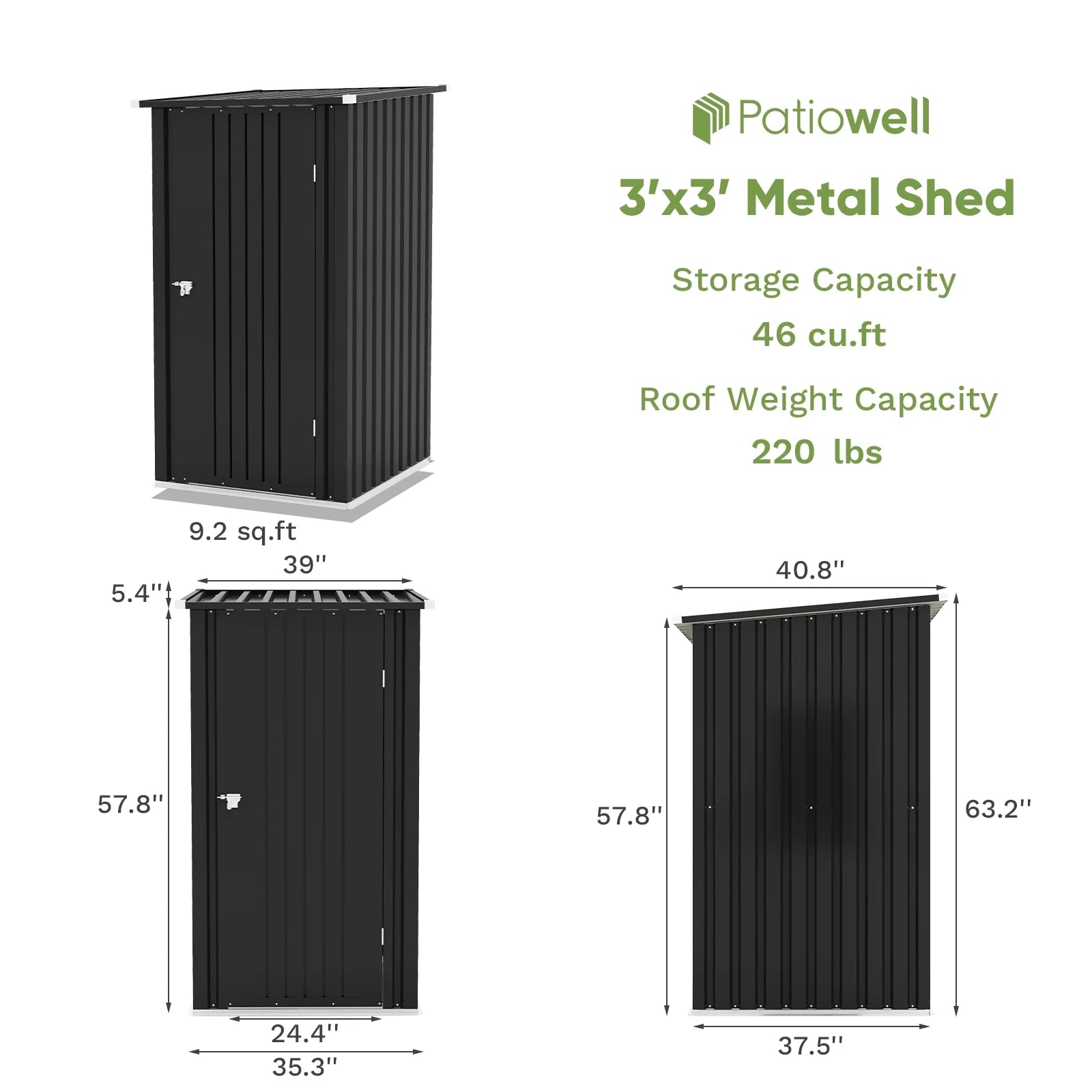 Patiowell 3?3FT Metal Outdoor Storage Shed with Sloping Roof and Single Lockable Door, Black