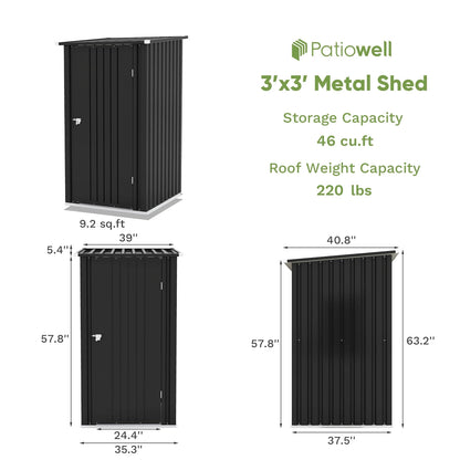 Patiowell 3?3FT Metal Outdoor Storage Shed with Sloping Roof and Single Lockable Door, Black