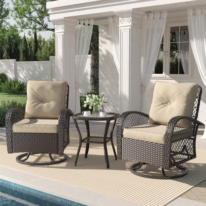 Techmilly 3 Pieces Patio Furniture Set, Outdoor Swivel Gliders Rocker, Wicker Patio Bistro Set with Rattan Rocking Chair for Porch Deck Backya (Navy Blue)