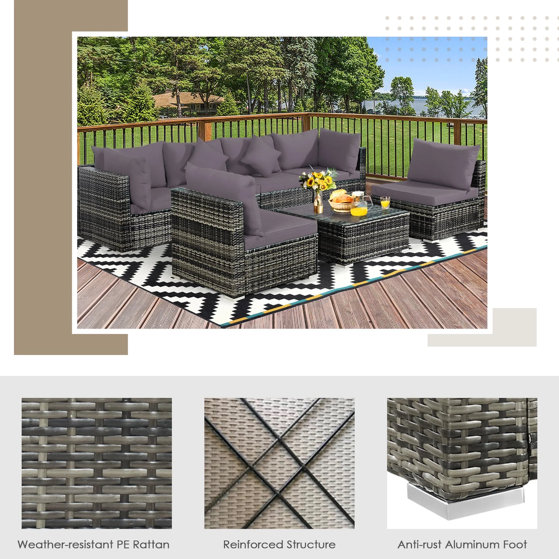 Gymax 7PCS PE Rattan Patio Sectional Sofa Conversation Set w/Grey Cushions